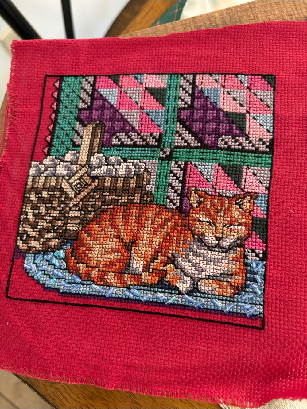 Handcrafted Cat Cross-Stitch and Beaded stichery